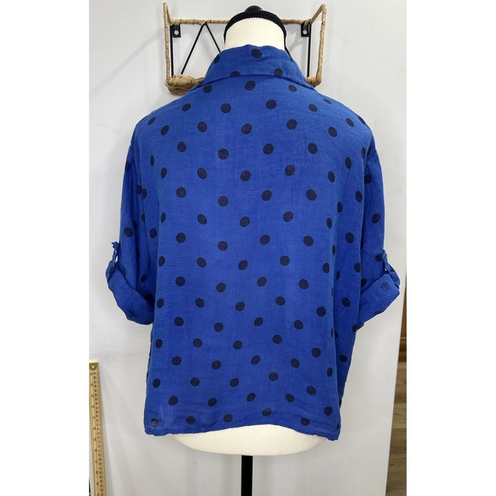 Made In Italy Top Women Medium‎ Blue Button Down Shirt Polka Dots Pocket Linen - Picture 3 of 9
